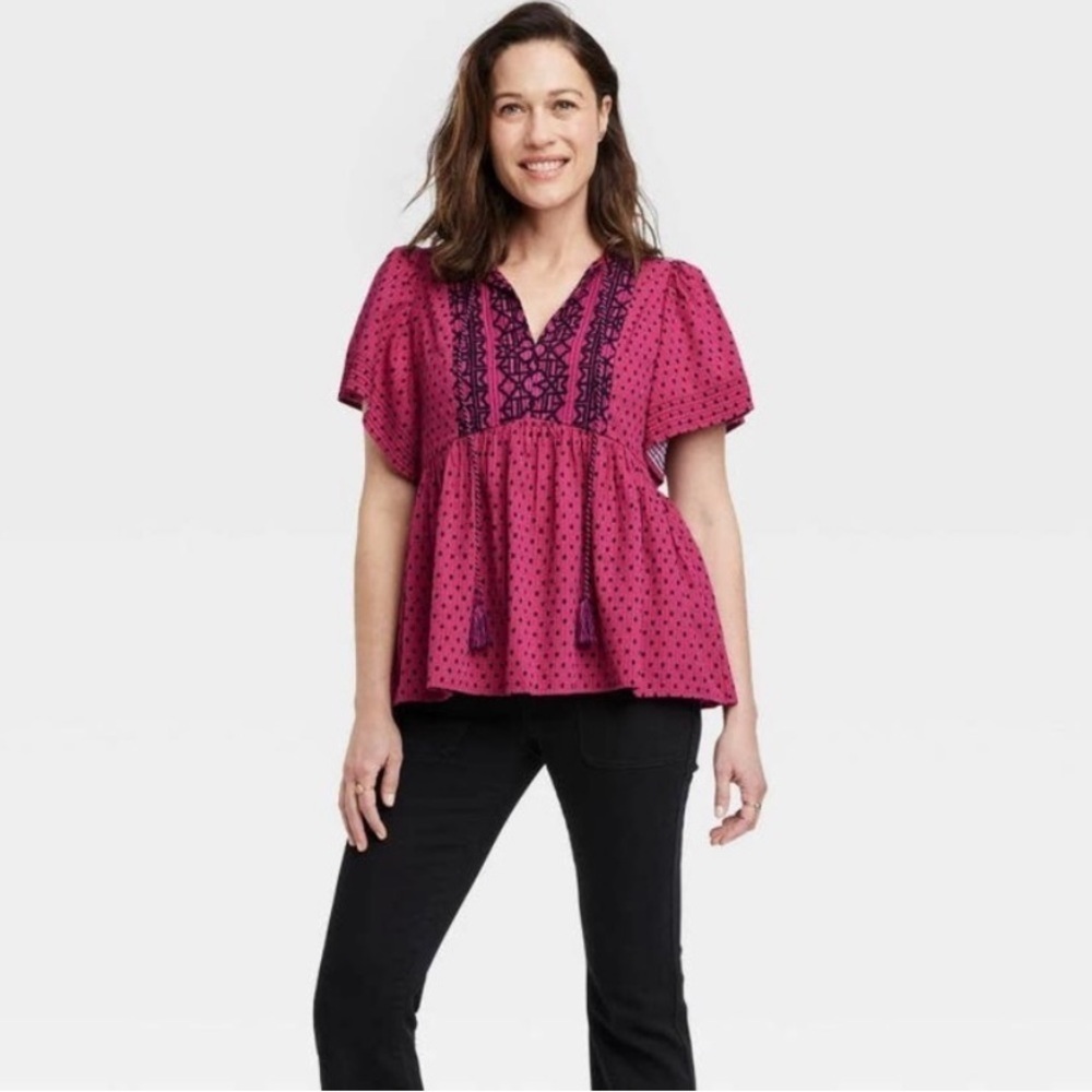 Knox Rose Boho Flutter Sleeve Embroidered Babydoll Top Rich Magenta Dot XXL NWT